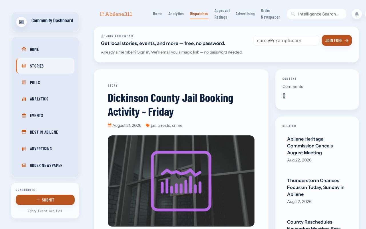 Dickinson County Abilene311 daily booking news example