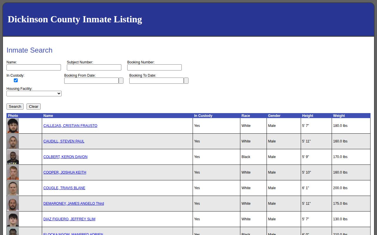 Dickinson County official inmate roster and booking record search